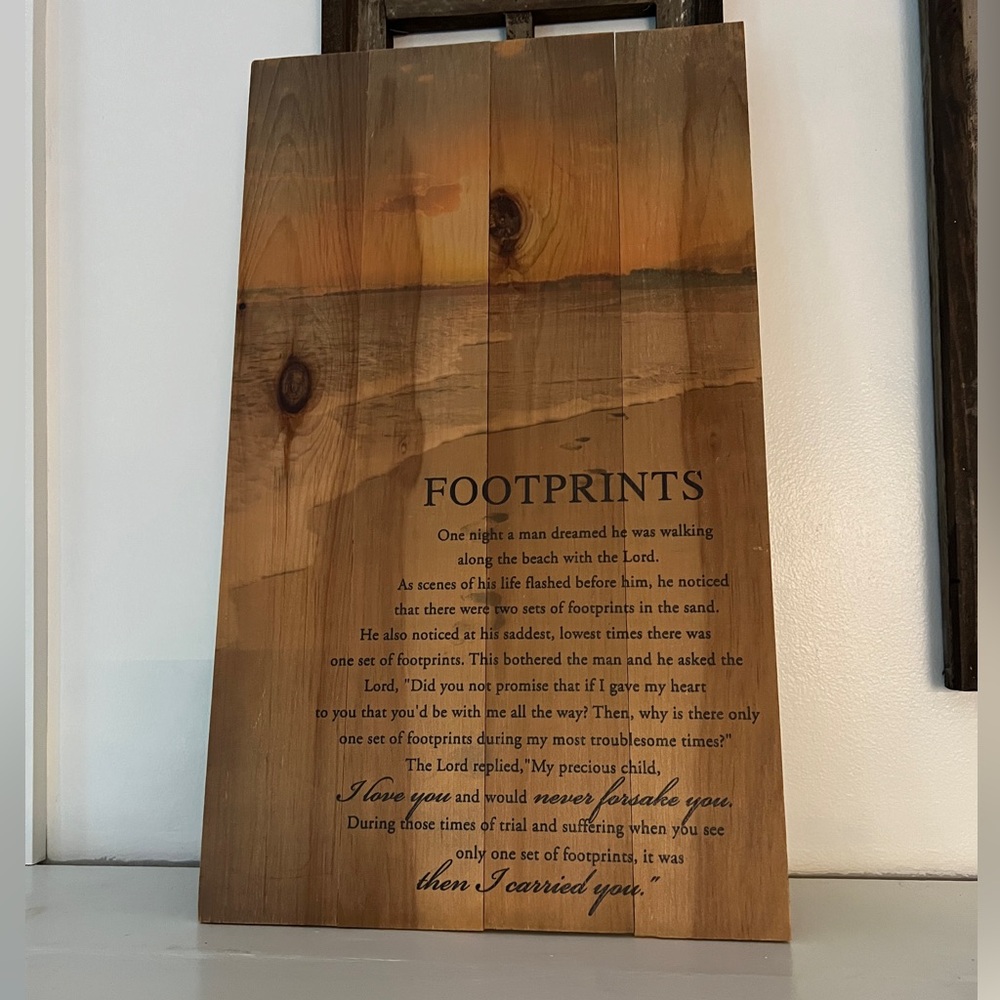 Wood Wall Hanging Sign - Religious Footprints In the Sand Poem